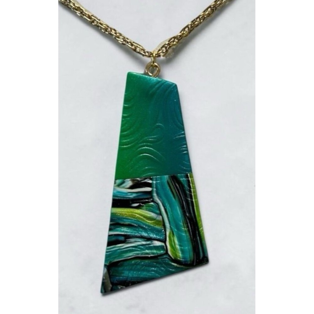 Handmade Blue & Green Abstract Print Polymer Clay Large Pendant Necklace Chain